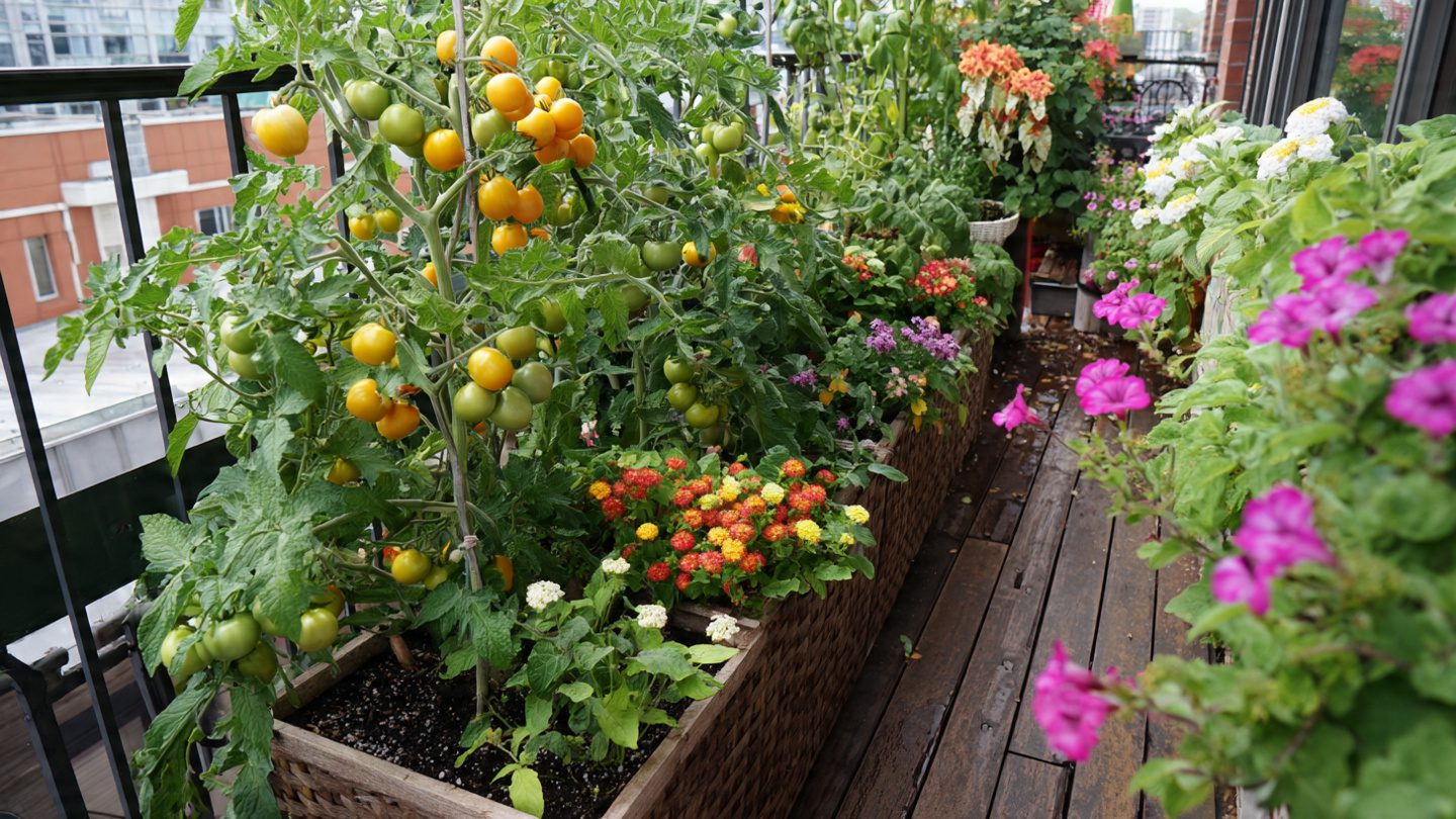 paradicsom, ehető virágok és zöldségek az erkélyen