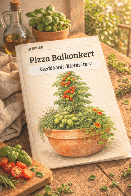 Pizza kert balkonládában – ültetési terv kezdőknek (PDF) — paradicsom balkon kert terv borító, balkonládában nevelt paradicsom és fűszernövények illusztrációval