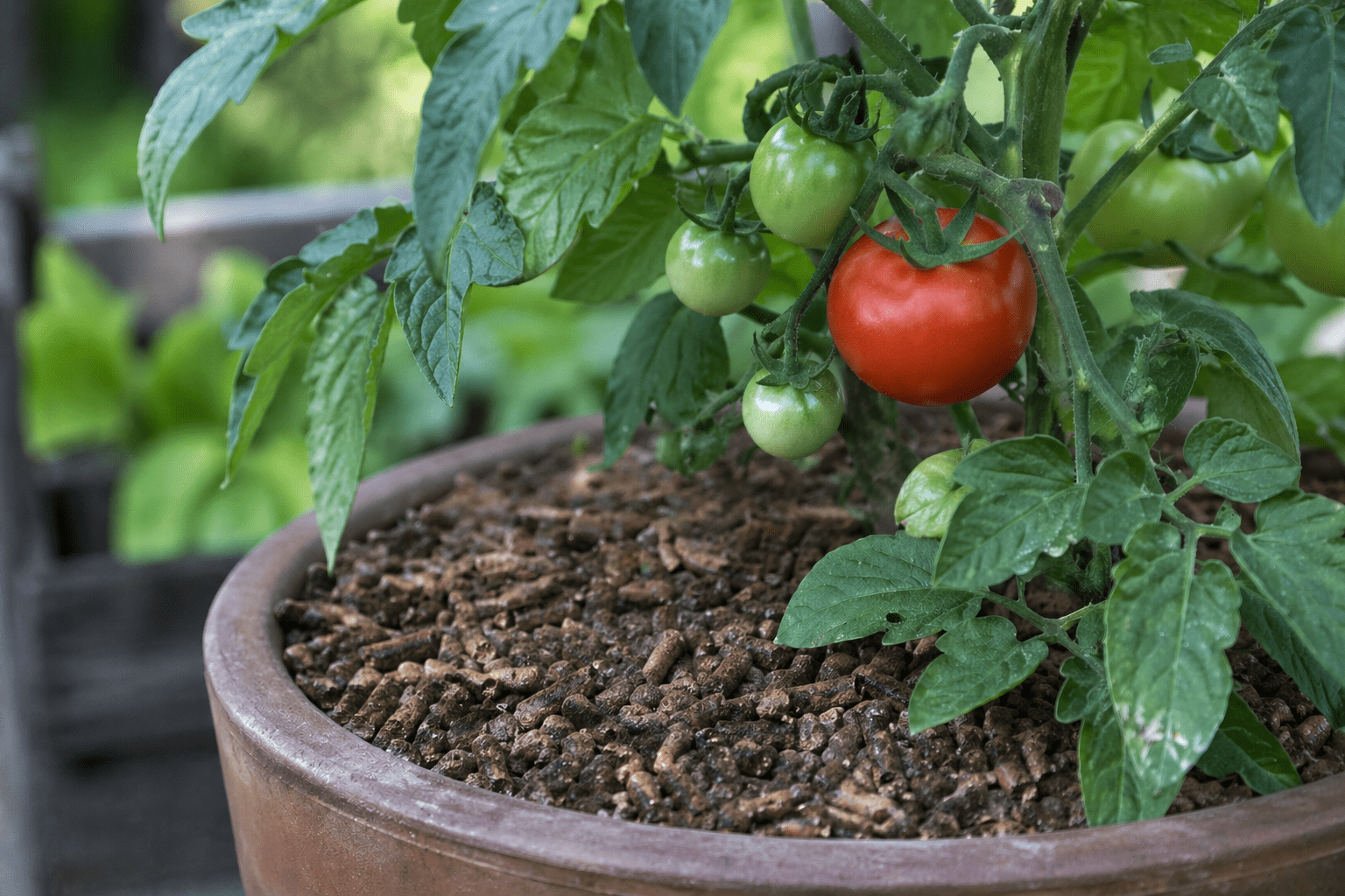 gyapju pellet paradicsomnövény tövében balkonládában