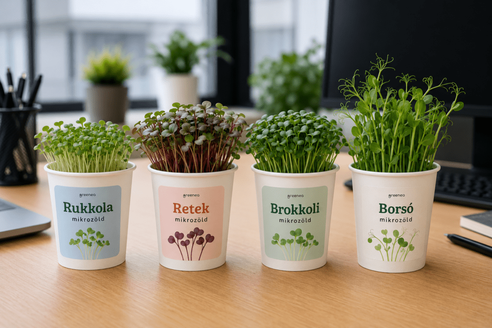 Négy mikrozöld pohár — rukkola, retek, brokkoli, borsó — egy irodai asztalon, céges ajándék ültetőkészletből nevelve