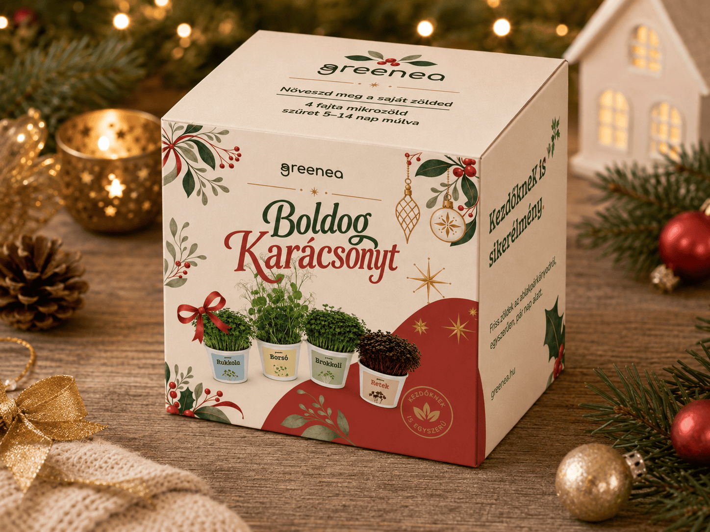 Greenea doboz Boldog Karácsonyt felirattal és piros ünnepi díszítéssel